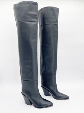 Jimmy Choo Cece 80 Black Pointed Toe Western OTK Block Heeled Boots IT 38.5